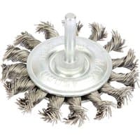 Draper Twisted Wire Wheel, 75mm, with silver twisted bristles and central mounting shaft.