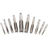 "Draper UNF Hand Tap Set, 10 silver metal taps in various sizes, cylindrical with threaded ends for cutting threads"