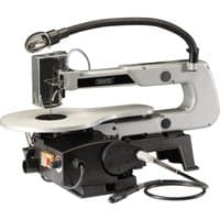 Draper scroll saw, silver and black, with flexible drive shaft, worklight, and 405mm blade, 90W power.