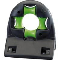 Black and green Draper wall mounted garden hose guide with circular rollers and sturdy base.