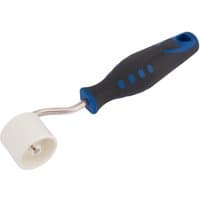 Black and blue Draper wallpaper seam roller with a white cylindrical roller and ergonomic handle.