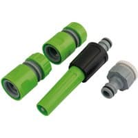 Draper watering accessory set with green connectors, black grip nozzle, and grey hose adapter.