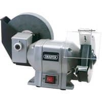 Draper Wet and Dry Bench Grinder, 250W, silver body, dual grinding wheels, transparent safety shield, power switch.