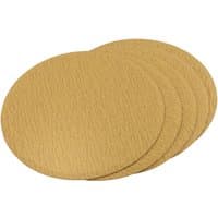 Pack of five round, beige Draper sanding discs, 150mm, 80 grit, made from white aluminium oxide.