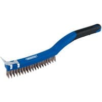 Blue Draper wire scratch brush with three rows of bristles and a metal scraper, black handle grip.