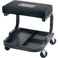 Black Draper work stool with cushioned seat, metal frame, storage tray, and four caster wheels.