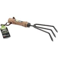 Draper Young Gardener hand cultivator with three black metal prongs and a smooth ash wood handle with hanging strap.