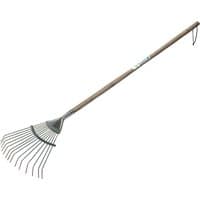 Draper Young Gardener lawn rake with ash wood handle, metal tines, and hanging loop.