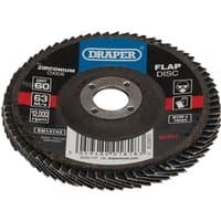 Draper Zirconium Oxide Flap Disc, 100x16mm, 60 Grit, black with blue label and central metal hole.