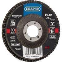 Draper Zirconium Oxide Flap Disc, 115 x 22.23mm, 40 Grit, black abrasive surface with central metal hole.