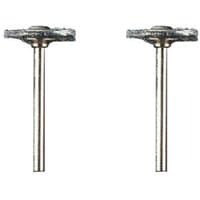 Dremel 19mm carbon steel brushes, 2 pack, with silver bristles and long metal shafts for rotary tools.