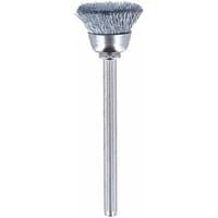 Dremel carbon steel brush with 13mm diameter, silver bristles, and long metal shaft, 2 pack.