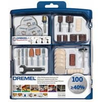 Dremel accessory set with 100 pieces, including sanding discs, polishing pads, and drill bits in a blue plastic case.