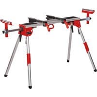 Red and silver Einhell mitre saw stand with adjustable legs and clamps