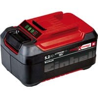 Red and black Einhell Power X-Change 18V 5.2Ah Li-ion battery with charge indicator and branding.