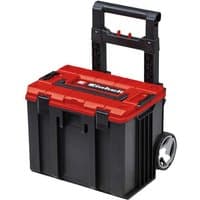 Black and red Einhell E-Case L System Carrying Case with wheels and telescopic handle.