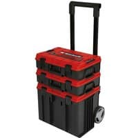 Black and red stackable carrying case with wheels and telescopic handle, part of the Einhell E-Case Tower System.