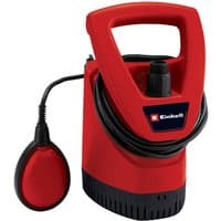 Red Einhell rain barrel pump with black base, ergonomic handle, and attached black float switch.