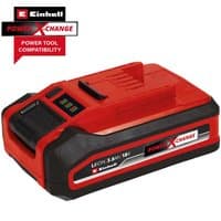 Red and black Einhell 18v cordless Li-ion battery, 3ah capacity, with power indicator lights and Power X-Change branding.