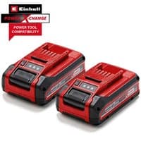 Red and black Einhell 18v cordless twin pack batteries with power indicator lights and compatibility branding.