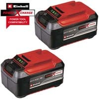 Red and black Einhell 18v cordless batteries with charge indicators and Power X-Change branding.