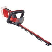 Red and black Einhell cordless hedge trimmer with 50cm blade and ergonomic handle, battery slot visible.