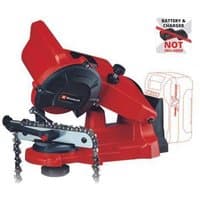 Red Einhell chain sharpener with black accents, adjustable chain guide, and battery compartment, no battery included.