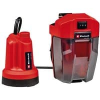 Red Einhell cordless water pump with black base, clear casing, and power switch on top.