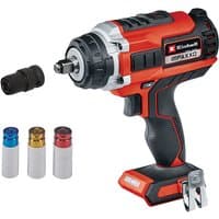 Red and black Einhell cordless impact wrench with ergonomic grip, silver accents, and socket attachments.