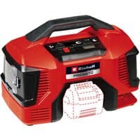Red and black Einhell Power X-Change 18V air compressor with digital display and ergonomic handle.