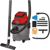 Red and gray Einhell cordless wet/dry vacuum with black hose, wheels, and multiple attachments.