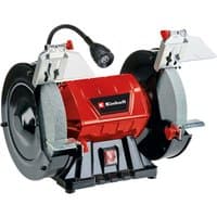 Red and black Einhell TC-BG 200 L bench grinder with dual grinding wheels and adjustable work light.