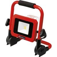 Red Einhell cordless work light with black handle, square LED panel, and adjustable stand.