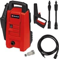 Red and black Einhell TC-HP 90 pressure washer with hose, spray gun, and two nozzles.
