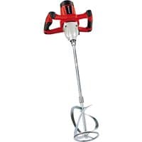 Red and silver Einhell TC-MX 1400-2 E mixer with dual handles and a long mixing paddle.