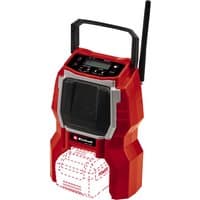 Red Einhell cordless radio with black speaker grille, digital display, and foldable handle.