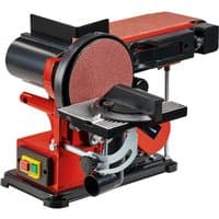 Red and black Einhell TC-US 380 belt-disc sander with adjustable worktable and dust extraction port.