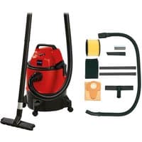 Red and black Einhell TC-VC 1825 wet/dry vacuum cleaner with hose, attachments, and accessories on display.