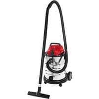 Red and silver Einhell wet and dry vacuum with black hose, 30L capacity, and power take-off feature.