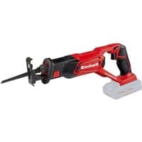 Red and black Einhell cordless reciprocating saw with ergonomic handle and visible blade attachment.