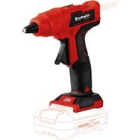 Red and black Einhell TE-CG 18 Li 18V cordless glue gun with ergonomic grip and visible glue stick chamber.