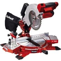 Red and silver Einhell cordless mitre saw with a circular blade, adjustable base, and dust collection bag.