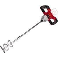 Red and black Einhell cordless paint/mortar mixer with long silver mixing paddle and ergonomic handle.