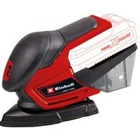 Red and black Einhell cordless sander with ergonomic grip and dust collection box, bare unit without battery.