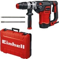 Red and black Einhell TE-RH 40 3F rotary hammer with side handle, two drill bits, and red carrying case.