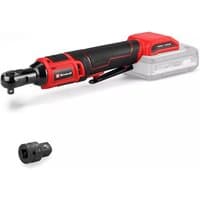 Red and black Einhell cordless ratchet wrench with ergonomic grip and detachable socket head.