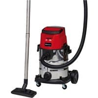 Red and silver Einhell wet/dry vacuum cleaner with black hose, wheels, and stainless steel tank.