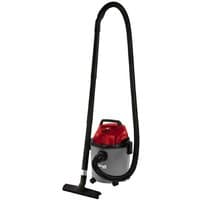 Red and silver Einhell TH-VC 1815 wet/dry vacuum cleaner with black hose and floor nozzle.