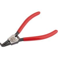 Bent external circlip pliers with red handles and a silver spring-loaded joint, suitable for 10-25mm circlips.