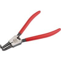 Bent external circlip pliers with red dipped handles, silver jaws, and Elora branding, suitable for 19-60mm circlips.